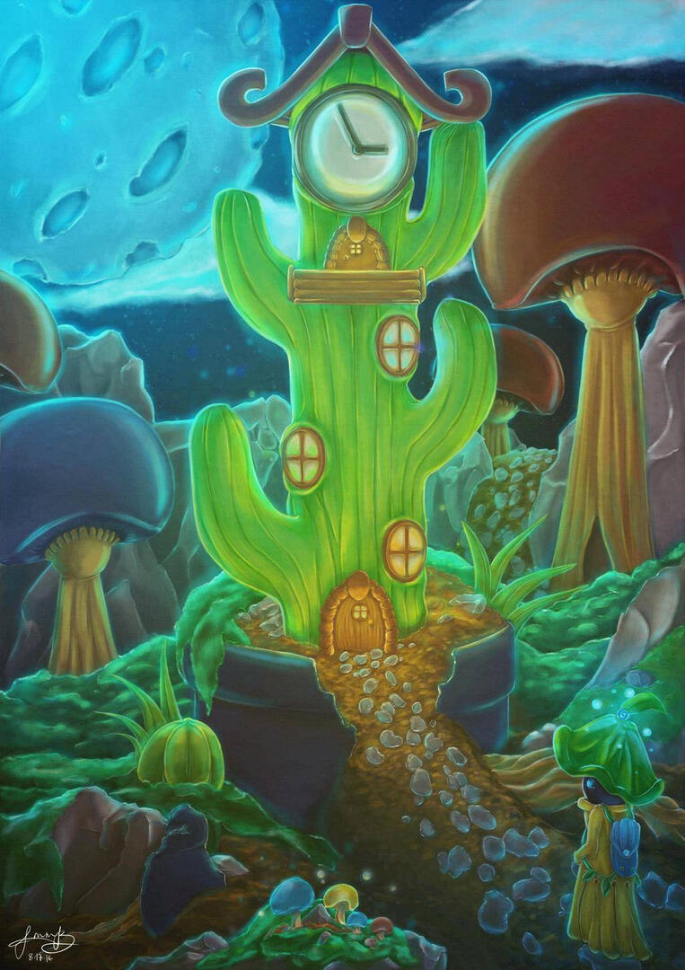 Cactus Home Under the Moonlight